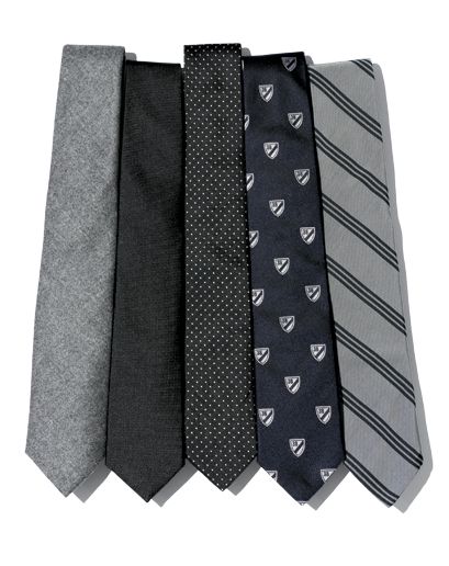 The Essentials Wool In the middle of winter, you'll want a tie to pair with your heavier-weight suits.  Solid Black For formalwear occasions, for a gray suit with a white shirt, or for a leather or jean jacket. Exceptionally versatile.  Pin-Dot Like a polka-dot, but much smarter and more subtle.  Club Any tie with a repeating logo. Once just for the Ivy League set, now for anyone with serious style.  Repp Still a Capitol Hill staple, but now cut skinny for the cool kids, too. Men Ties, Prom Outfit, Color Board, Logo Symbol, Minimal Color, Mens Wear, Gray Suit, Mens Fashion Trends, Suit And Tie