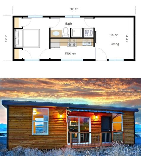 400 sq ft -- this model is the Skyline by Zip Kit Homes. Company appears to be out of business, but looks like a great floor plan. Anything that uses water is centrally located in the interior of the house (not running plumbing everywhere, little chance lines will freeze.) Make the bed a Murphy and you've gained an office for the daytime. Zip Kit Homes, 400 Sq Ft Tiny House Interior, Tiny House With Basement Floor Plans, 400 Sq Ft House Plans, 400 Sq Ft Apartment, Big Homes, Home Layouts, Compact Garden, Apartment Floor Plan