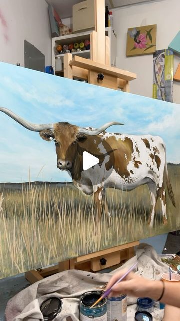 Whitney Hayden on Instagram: "Goood morning! I’m starting my @claywalker portrait today but first I had to finish up this girl 🤠 anyone else need a #longhorn painting because I’m on a roll 🧑🏼‍🎨" Longhorn Painting, Longhorn Cow, March 4, But First, How To Paint, On Instagram, Instagram, Art