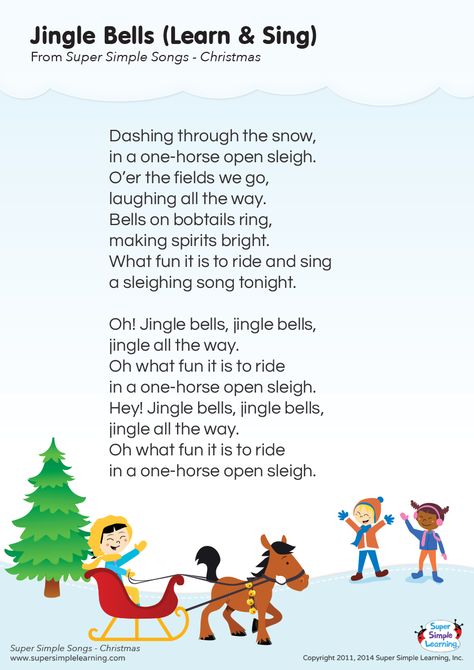 Jingle Bells (Learn & Sing) Lyrics Poster | Super Simple Xmas Songs Lyrics, Jingle Bells Lyrics, Preschool Christmas Songs, Kindergarten Esl, Christmas Carols Lyrics, Christmas Songs For Kids, Christmas Carols Songs, Christmas Songs Lyrics, Xmas Songs