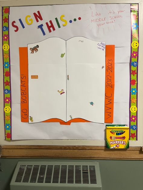 middle school yearbook-style bulletin board. encourage cheesiness!! End Of Year Bulletin Board Middle School, Bulletin Board Middle School, End Of Year Bulletin Board, Middle School Yearbook, Ra Boards, Crayola Markers, School Yearbook, School Counseling, End Of Year