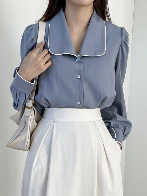 Dusty Blue Elegant  Long Sleeve Rayon Plain Shirt Embellished Slight Stretch Spring/Fall Women Tops, Blouses & Tee Casual Shirts Outfit, Puffy Sleeve Shirt, Puff Blouse, Grey Maxi Skirts, Blouse Tops Designs, Printed Blouses, Blouses Designs, Rayon Blouse, Shirt Tucked In