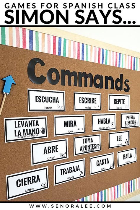 Need students to follow your commands in Spanish class? Play a game of Simon Says! Fun Spanish activities to support your command unit. Find resources you need to support your Spanish commands unit! Students love "Simon Says." Introduce this game at the beginning of the year when learning or reviewing class commands. Post a command word wall on your bulletin board to support learners. Use these basic commands when giving daily classroom instructions. Spanish Class For Kindergarten, Prek Spanish Activities, High School Spanish Classroom Activities, Spanish Project Ideas, Spanish Tutoring Ideas, Spanish Class Aesthetic, Teaching Spanish To Kids, Elementary Spanish Classroom, Classroom Instructions