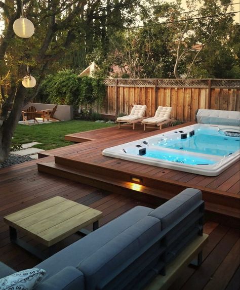 Jacuzzi Built In Deck, Swim Spa Backyard Ideas With Deck, Swimspa Landscape Ideas, Swim Spa Deck Ideas, Hot Tub Enclosure Ideas, Whirpool Outdoor, 10 Person Hot Tub, Swim Spa Deck, Swim Spa Landscaping