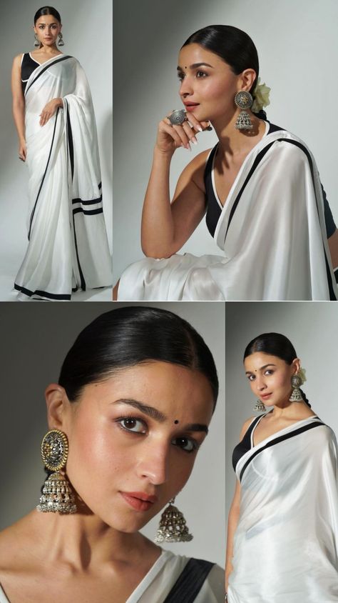 Saree Look Alia Bhatt, Sleek Saree Look, Onam Simple Hairstyle, Alia Saree Look, Aalia Bhatt Saree, Simple Traditional Saree Look, Saree Makeup Look Simple, White Saree Photoshoot, Alia Bhatt Saree Looks