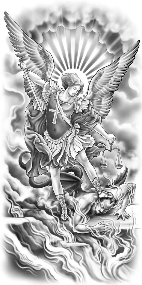 Saint Michael the Archangel Tattoo Design | Freelancer Tiger Sleeve Tattoo Design, Stomach Men Tattoo, King David Tattoo, San Miguel Arcangel Tattoo, Angel Warrior Tattoo, Archangel Michael Tattoo, Saint Tattoo, St Michael Tattoo, Arch Angels