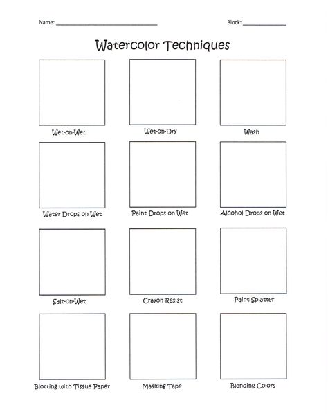 I made a watercolor worksheet for my Art 1 classes! #watercolor #worksheet #arteducation #paintingtechniques Watercolour Techniques Worksheet, Watercolor Lessons Middle School, Watercolor Practice Worksheet, Watercolor Lessons High School, Watercolor Art Lessons High School, Watercolor Art Projects High School, Watercolour Worksheet, High School Watercolor Projects, Middle School Watercolor Projects