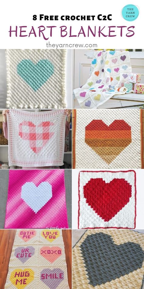 8 C2C Heart Blankets Free Crochet Patterns you can crochet right now. Cozy heart blankets curated by The Yarn Crew #crochetblankets #crochetafghans #crochetstitches #crochetpatterns #freecrochetpatterns #crochetforbaby #crochetprojects #stitchesforblankets #heartblankets C2c Crochet Heart Blanket Pattern Free, C2c Heart Blanket Pattern, Crochet Hearts Blanket, Heart Blanket Crochet, C2c Heart, Heart Crochet Blanket, Heart Blankets, Heart Blanket Pattern, Crochet Bedsheets