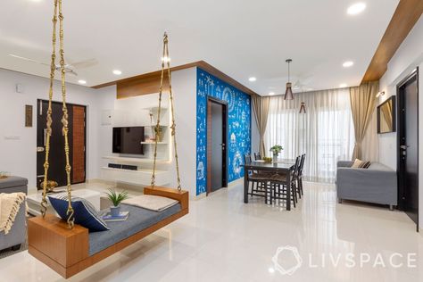 home-interiors-hyderabad-living-room-swing L Shaped Living Room, Room Swing, Low Budget House, Budget Interior Design, Pop Ceiling Design, Indian Homes, False Ceiling Design, Loft Spaces, False Ceiling