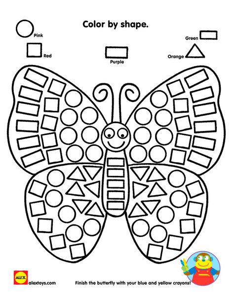 Color By Shape, Fargelegging For Barn, Alex Toys, Shapes Preschool, Shapes Worksheets, Butterfly Printable, صفحات التلوين, Preschool Learning, Kindergarten Math