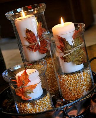 Thanksgiving/Fall Decorations using hurricane vases--Corn is a staple in Thanksgiving decor, so I decided to create a centerpiece for my coffee table that would bring the season straight to our den. In addition, this project is very inexpensive for the look it displays! Deco Nature, Diy Thanksgiving, Fall Deco, Thanksgiving Centerpieces, Fall Candles, Fall Centerpiece, Thanksgiving Decor, Thanksgiving Crafts, Fall Holidays