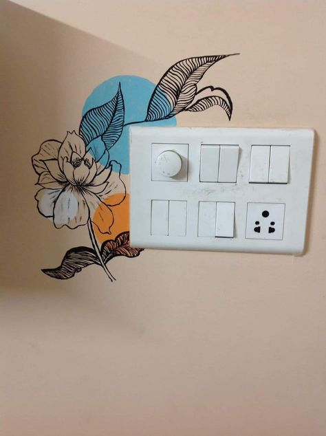 Wall Painting Around Switch Board, Wall Paintings Near Switch Board Small, Switch Board Painting Switch Board Painting Wall Art, Painting On Switchboard, Switchboard Painting Ideas Creative, Switchboard Art Design For Bedroom, Painting Switch Boards, Wall Switchboard Painting, Cute Switchboard Art