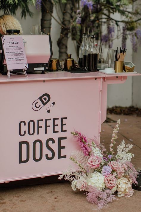 Coffee Cart Decor, Aesthetic Coffee Cart, Wedding Coffee Cart, Coffee Cart Wedding, Coffee Cart Ideas Business, Pastel Brunch, Coffee Cart Business, Mobile Coffee Cart, Bloom Bar