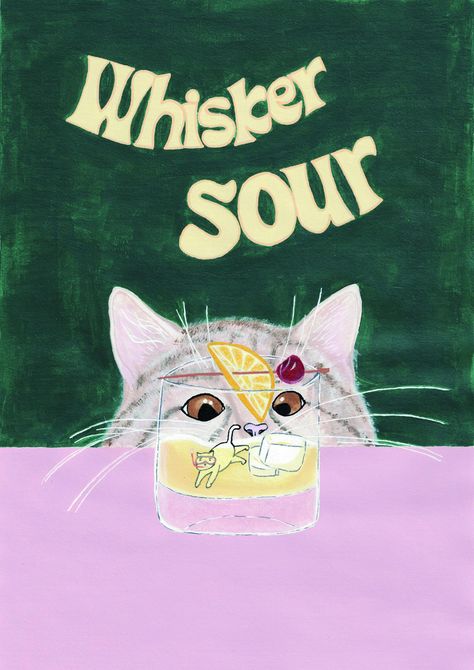 In the Mood for Some Cat Mischief on Your Wall? This playful poster brings together the best of both worlds: cats and cocktails! With a nod to the classic Whiskey Sour, you'll see a curious cat marveling at a 'Whisker Sour,' while a little adventurer cheerfully snorkels around in the glass. With playful pink and green colors, and a wink to both cat lovers and cocktail enthusiasts, this original hand-painted artwork is a must-have for anyone who enjoys cats and puns. It's perfect for brightening