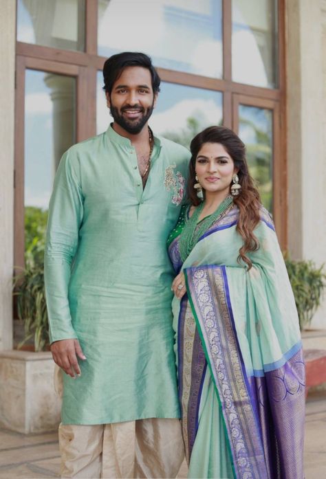 viranica manchu and family in blue label vida for ganesh puja Couple Matching Saree And Kurta, Pattu Pancha For Men, Manchu Vishnu Family, Family Outfits For Wedding, Couple Outfits For Wedding, Boys Wedding Dress, Family Matching Outfits Indian, Viranica Manchu, Wedding Matching Outfits