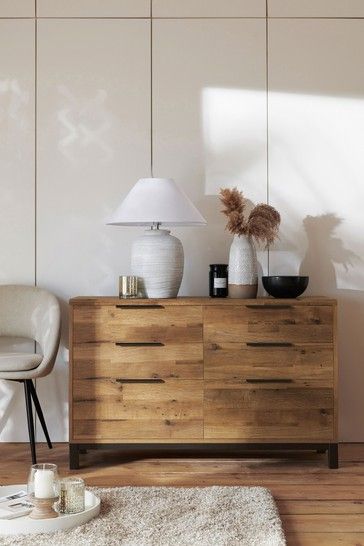 Natural Bronx Oak Effect 6 Drawer Wide Chest Chest Of Drawers Bedroom Ideas, Wooden Chest Of Drawers Bedroom, Rustic Chest Of Drawers, Rustic Oak Furniture, Chambre Inspo, Chest Of Drawers Bedroom, Wide Chest Of Drawers, Drawer Lights, Oak Bedroom Furniture