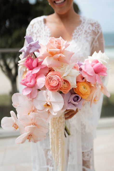 Carla & Joel Noosa Wedding - Mondo Floral Designs Mondo Floral Designs, Wedding Bouquets With Orchids, Sunset Florals, Aulani Wedding, Engagement Backdrop, Orchid Bouquet Wedding, Ocean Flowers, Colorful Bridal Bouquet, Orchid Bouquet