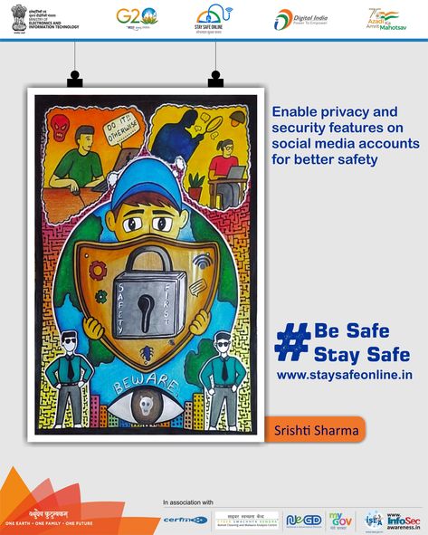 #StaySafeOnline #Painting of the day: To avoid unnecessary things, Enable privacy and security features on social media accounts for better safety #BeSafe #StaySafe #G20India #SSOIndia #MyGov #MeitY National Security Concerns Poster, Right To Privacy Poster, Social Media Safety Poster, Think Before You Click Poster Drawing, Poster Drawing Ideas, Cybersecurity Infographic, Drawing Ideas Aesthetic, Social Media Safety, Drawing Ideas Creative