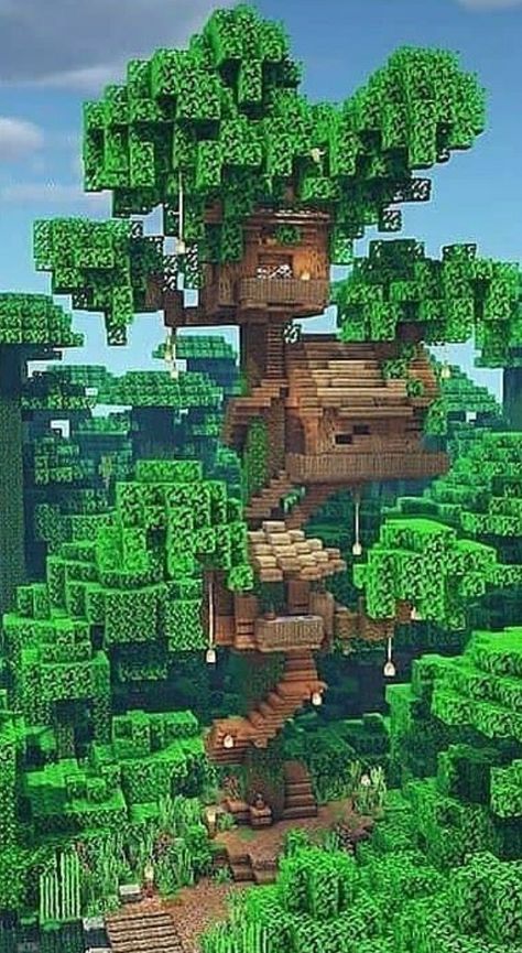 Jungle Theme Minecraft House, Fairy Forest Minecraft Ideas, Treehouse Minecraft Ideas Jungle, Minecraft Giant Tree House, Minecraft Treehouses Jungle, Minecraft Spruce Treehouse, Jungle Minecraft Ideas, Minecraft Treehouse Village, Minecraft Tree Village