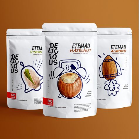 Etemad Nuts on Packaging of the World - Creative Package Design Gallery Chips Label Design, Stand Up Pouch Packaging Design, Nuts Packaging Design, Nuts Packaging, Chip Packaging, Fruit Packaging, Food Logo Design, Pouch Packaging, Food Graphic Design