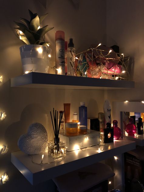 Fairy Lights On Wall, Shelves Bedroom, Decorative Shelves, Perfume Storage, Decorating Shelves, Floating Shelf, Bedroom Storage, Bedroom Makeover, Fairy Lights