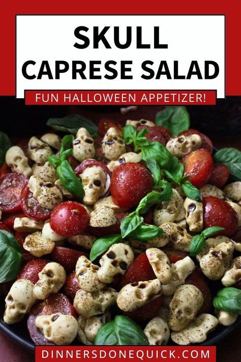 Looking for a spooky yet delicious Halloween appetizer? Try this Skull Caprese Salad! This festive dish features mozzarella shaped like skulls, paired with fresh basil, juicy tomatoes, and a drizzle of balsamic glaze. Perfect for Halloween parties, this recipe is a fun twist on the classic Caprese salad that will wow your guests. Quick and easy to make, it’s a must-try for your next spooky gathering! #HalloweenAppetizer #HalloweenRecipe #CapreseSalad Halloween Party Appiterzers, Halloween Party Appetizer Ideas, Halloween Skull Potatoes, Easy Spooky Party Food, Classic Halloween Party Ideas, Skeleton Caprese Salad, Spooky Italian Food, Halloween Wine Night Snacks, Spooky Menu Ideas