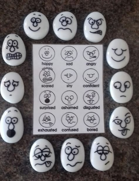 Emotion Stones. .made by Lillie Wood Story Rocks Ideas Painted Stones, Stone Emotions, Story Stones Ideas, Emotion Stones, Story Rocks, Tattoos Celebrities, Story Stone, Education Art, Story Stones