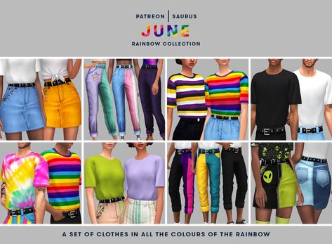 🧡💛💚RAINBOW COLLECTION💙💜🤎 by saurussims #s4cc #ts4cc Los Sims 4 Mods, Sims 4 Decades Challenge, Packing Clothes, Sims 4 Mm, Rainbow Outfit, Sims 4 Cc Packs, 80s Outfit, Sims 4 Mods Clothes, Happy Pride