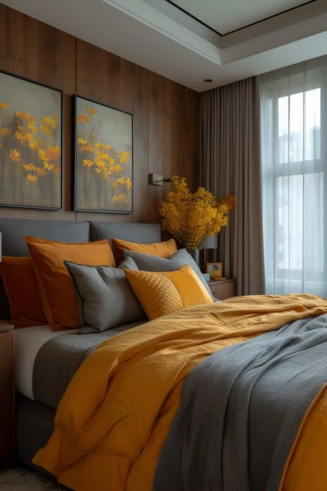 13 Luxurious Gray and Yellow Bedroom Ideas for a Modern Master Suite Gray And Yellow Bedroom Ideas, Modern Master Suite, Yellow Gray Bedroom, Yellow Bedroom Ideas, Master Suite Design, Yellow Accent Walls, Eclectic Decor Bedroom, Unique Bedroom, Rattan Shades