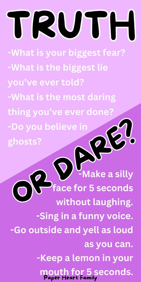 Fun truth or dare ideas for kids! These truth or dare questions are perfect for kids of all ages, and are the perfect group game for a birthday party or family get-together. Fun Truth Or Dare Questions, Best Truth Or Dare Questions, Best Truth Or Dare, Truth Or Dare Ideas, Dare Ideas, Questions To Ask Your Kids, Truth Or Dare Questions, Dare Questions, Truth Or Dare