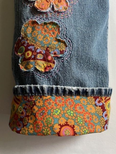 Upcycled Unisex Vintage Levi 34w Denim Unique Art Jeans One Only Hippie Festival Bohemian 1970 Vibe Frayed Patch Flowers and Hand Embroidery - Etsy Bordados Tambour, Art Jeans, Denim Crafts Diy, Upcycle Clothes Diy, Boho Jeans, Embellished Clothing, Blue Jeans Crafts, Recycled Clothing, Denim Quilt