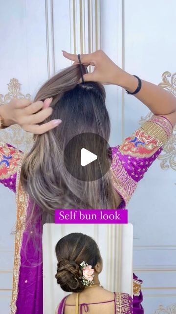 Rushi Patel |  Bridal Hairstylist | Makeup Artist on Instagram: "Self bun look ..
.
.
.
#rushipatelhairstylist #selfhair #selfhairstyle #selfbun #selfhaircut #selfhairdo #selfhairbun #selfhairstyle #selfcurls😍" Saree Look Hairstyles Bun, Hairstyle By Self, Hair Bun Styles With Saree, Prom Hair Braids, Bun Hairstyles For Saree, Curls For Prom, Braided Prom Hairstyles, Festive Hairstyles, Festival Hair Braids