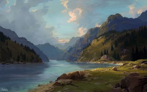 ArtStation - Mountain lake Farm Paintings, Mountain Illustration, Lake Painting, Environmental Graphic Design, Lake Art, Watercolor Mountains, Lake Landscape, Speed Paint, Forest Art