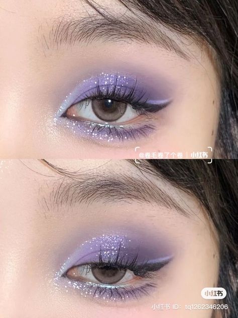 Twice Concert Makeup, Purple Makeup Prom, Purple Eye Makeup Aesthetic, Purple Douyin Makeup, Kpop Concert Makeup, Chinese Makeup Look, Star Makeup Look, Lilac Makeup, Purple Makeup Looks