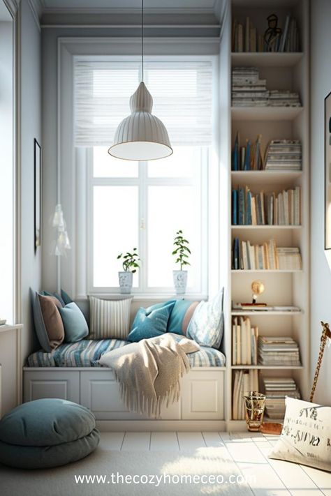 Good lighting is essential for a reading nook. You want to avoid straining your eyes while reading, so choose lighting that’s bright enough but not too harsh Bedroom Corner Nook Ideas, Reading Section In Room, Tiny House Reading Nook, Bedroom Book Corner, 2023 Playroom, Cozy Reading Nook Small Spaces, Bedroom With Books, Girls Reading Nook, Cozy Book Nook