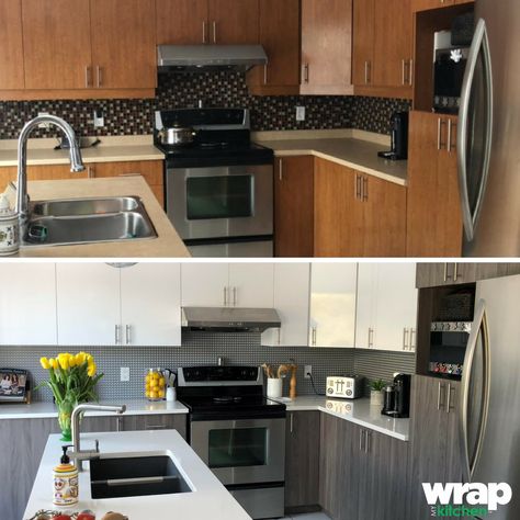 Before and after! Kitchen remold made easy with Wrap My Kitchen! Wrap Kitchen Cabinets, Stair Riser Vinyl, Kitchen Wrap, Flooring For Stairs, Budget Kitchen Remodel, Home Design Magazines, Kitchen Redesign, Diy Renovation, Kitchen On A Budget