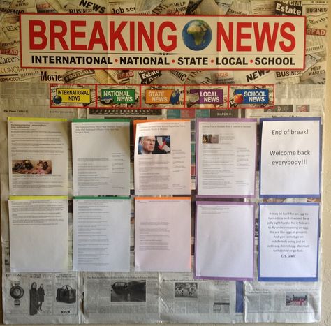 Breaking News! News Bulletin Board Ideas, Information Bulletin Boards, Ra Programs, Boarders For Bulletin Boards, School Board Decoration, News Bulletin, Notice Boards, School Creative, Business Jobs