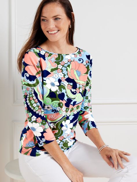 Bateau Neck, Classic Style Women, Floral Style, Blue Tshirt, Three Quarter Sleeves, Quarter Sleeve, Modern Classic, Cotton Spandex, Three Quarter