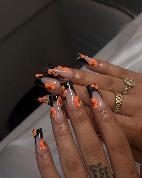 #blacknails #nailart #nailtech #orange #flowers #nailsart #orchids #naildesign #summernails #fashion #style #summervibes #inspo Nail Ideas Orange And Black, Acrylic Nail Designs September, Simple Baddie Nails Almond, French Tip With Acrylic Flowers, Fall Nail Short Square, Halloween Color Nails Acrylic, Orange Nail Designs Fall Autumn, Short Nails With Acrylic Flowers, Black N Orange Nails