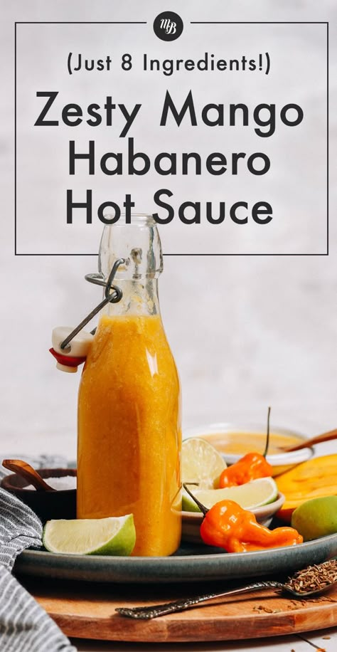 Our Vegan & Gluten-Free Zesty Mango Habanero Hot Sauce recipe is VIBRANT, spicy, citrusy, & requires just 8 INGREDIENTS and 25 minutes to make! Let's spice it up, friends! Mango Haberno Sauce, Paleo Marinade, Mango Habanero Hot Sauce, Habanero Sauce Recipe, Healing Gut, Habanero Recipes, Mango Habanero Sauce, Hot Sauce Recipe, Habanero Sauce