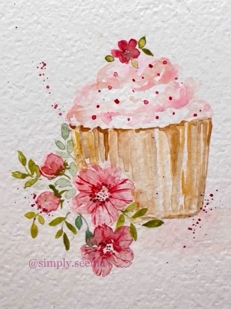 Painting Watercolour Ideas, Watercolor Cupcake Painting, Girly Watercolor Paintings, Valentine Watercolor Cards Watercolour, Cute Watercolor Cards, Birthday Card Painting Ideas, Watercolor Cake Painting, Birthday Watercolor Painting, Watercolor Valentines Cards