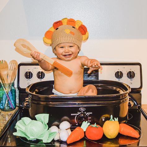 Thanksgiving themed baby photo for November shoot Turkey Milestone Pictures, Babys First Thanksgiving Photos, November 6 Month Baby Pictures, Thanksgiving Toddler Photoshoot, My First Thanksgiving Pictures, Thanksgiving Baby Monthly Pictures, Baby Turkey Pictures, 6 Minth Baby Photo Shoot, Baby November Photoshoot