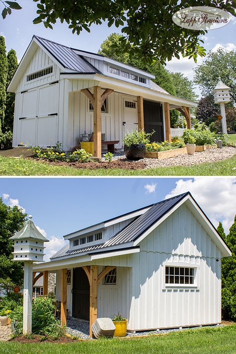 She Shed With Patio, 16x16 Shed Plans Storage, Storage Shed With Carport, Storage Shed Playhouse, Garden Shed With Overhang, Backyard Shed With Patio, Lean To Shed With Porch, Storage Shed Landscaping, Front Yard Shed Ideas