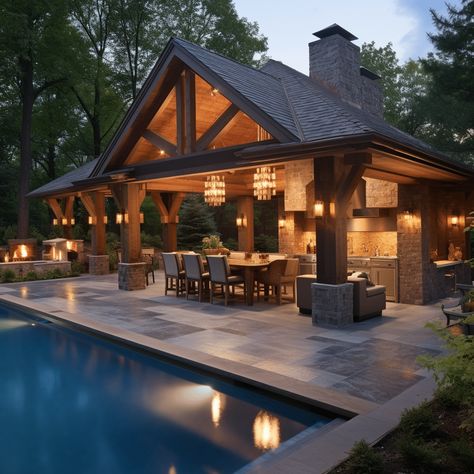 21 Stunning backyard pool and kitchen ideas to copy Backyard With Pool And Covered Patio, Pool With Grill Area, Pavilion Outdoor Kitchen, Cover Back Porch Ideas, Covered Patio With Outdoor Kitchen And Pool, Covered Patio Ranch House, Backyard Pool And Outdoor Kitchen Ideas, Outdoor Kitchen Pool House, Poolside Gazebo Ideas