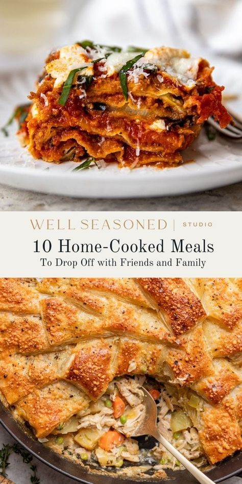 Is there anything more comforting than receiving a warm, home-cooked meal? Sharing food is a universal language of love and care. That's why I'm sharing a collection of 10 hearty, family-style recipes perfect for dropping off to friends and family. These dishes are not only delicious but also designed to be easily reheated and serve a crowd. Whether happy or sad life events, I'm convinced a homemade meal can make all the difference. #wellseasonedstudio #familystyle #freezerfriendly Best Reheated Meals, Meals To Give To Families, Take Along Meals, Casserole To Take To A Friend, Make Ahead Company Dinner Ideas, Meals That Reheat Well, Meals To Bring To Someone After Surgery, Make A Head Meals, Bereavement Meals