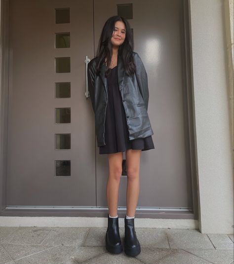 Tiny Black Dress Outfit, Black Silk Dress Leather Jacket, Short Dress With Leather Jacket, Black Dress Leather Jacket Outfit, Silk Dress With Boots, Dress With Oversized Jacket, Silk Dress Leather Jacket, Black Dress With Leather Jacket, Leather Jacket And Dress Outfit