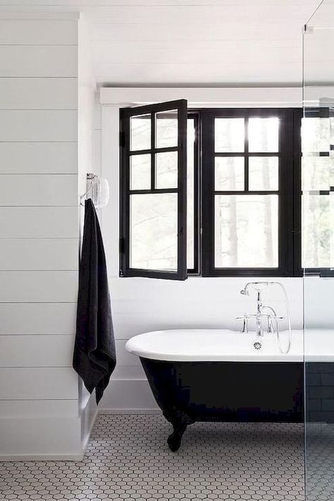 Are Black Windows the Best Choice for Your New Build? Black Clawfoot Tub, Bathroom Feature Wall, Black Window Frames, Black White Bathrooms, Black And White Bathroom, White Bathroom Designs, Bathtub Design, White Shiplap, Black Windows