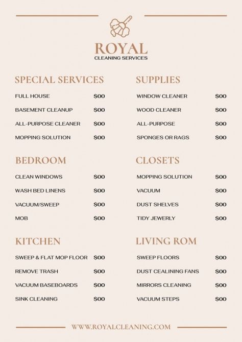 free  edit and get this elegant royal cleaning services price list template for free excel sample Cleaning Business Price List, Cleaning Price List, Luxury Cleaning, Cleaning Services Prices, House Cleaning Business, Home Cleaning Services, Price List Design, Health And Wellness Center, Cleaning Stuff