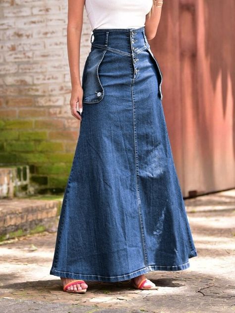 Knee Length Skirts Casual, Summer Denim Skirt, Fitted Denim Skirt, Midi Skirt Casual, Denim Shorts Outfit, Womens Denim Skirts, Elegant Mini Dress, Long Denim Skirt, Skirt Casual