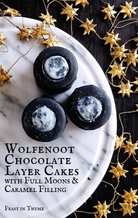 New Moon Party, Witchy Treats, Moon Treats, Chocolate Layer Cakes, Moon Cupcakes, Chocolate Moon, Salted Caramel Filling, Moon Food, Witch Cake